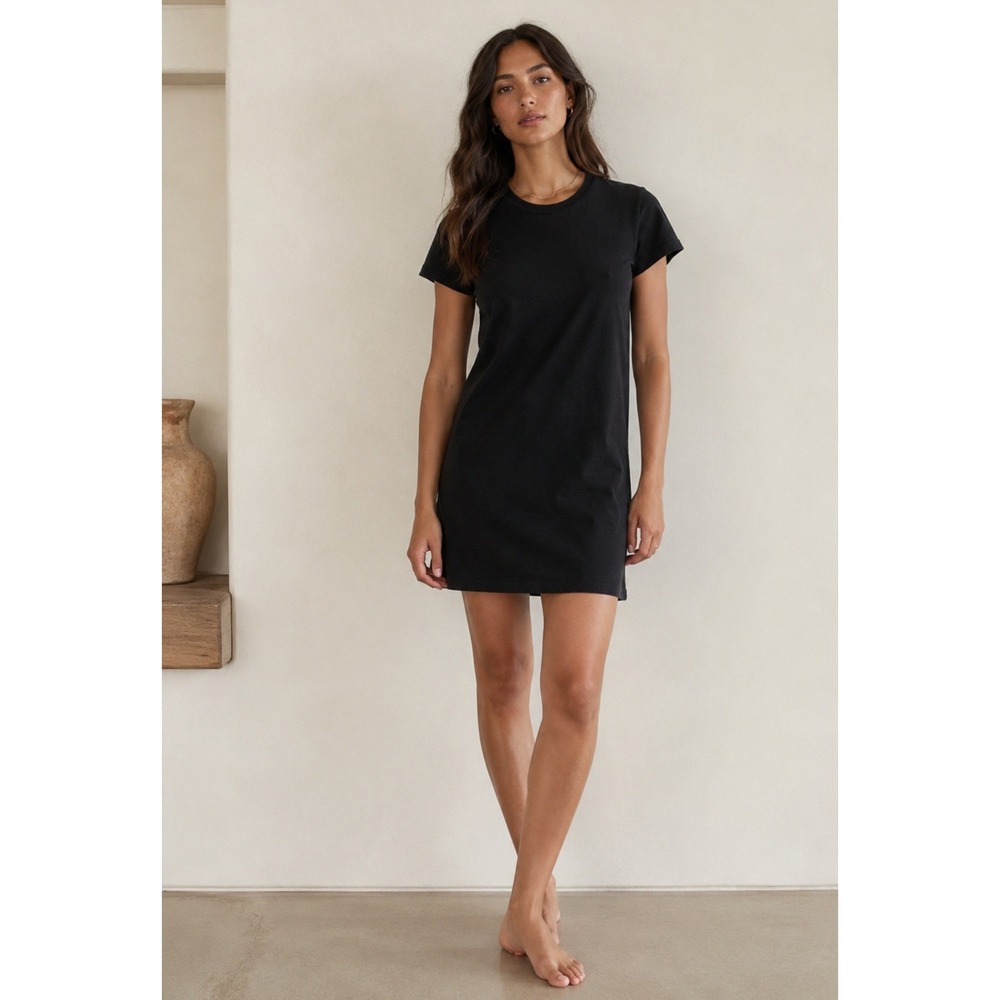 LESET Margo Cotton Short Sleeve Crew Neck Mini T-Shirt Dress Black XS USA LBD